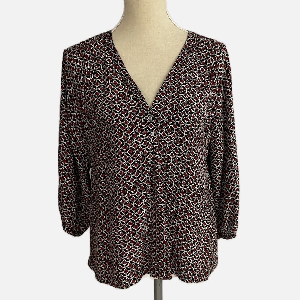 Joie Patterned V-Neck Long Sleeve Women’s Top - Black & Red